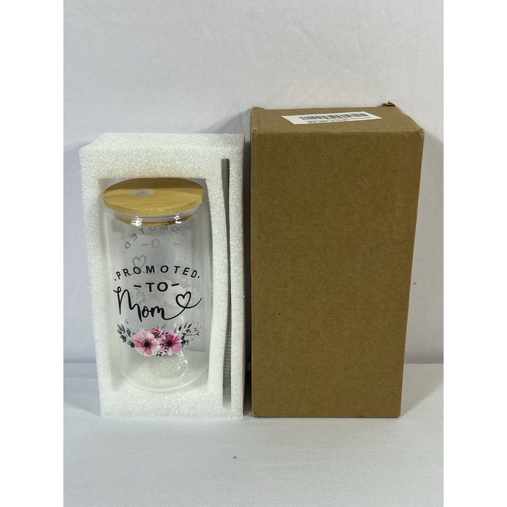 16 oz Promoted To Mom glass with Bamboo  Lid Brush‎ and Glass Straw